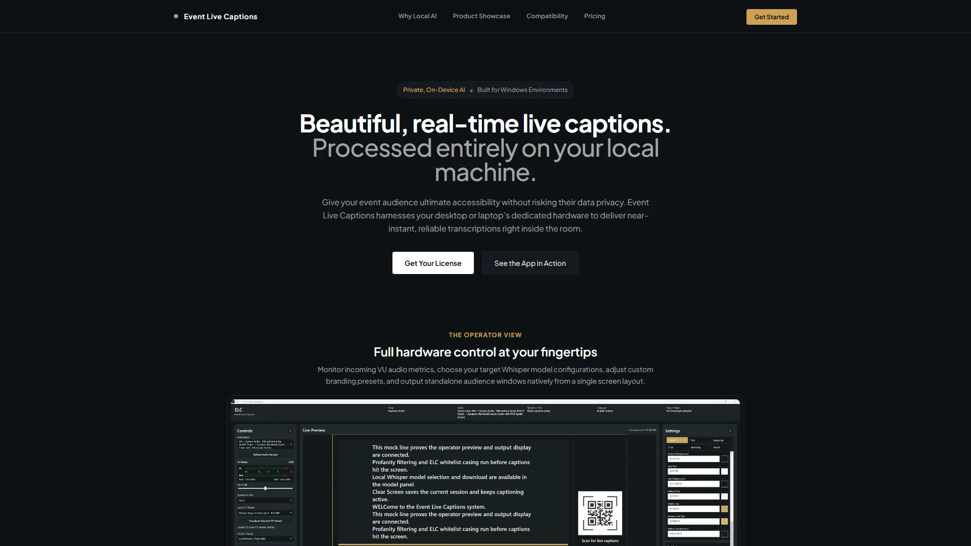 Event Live Captions product page showing the on-device captioning operator interface